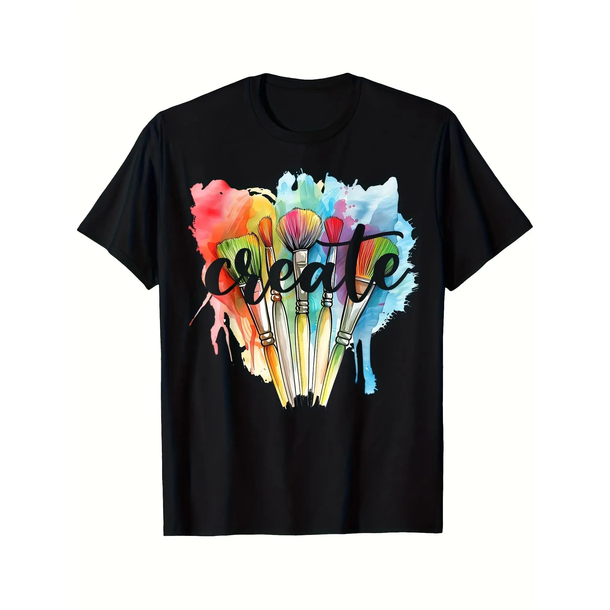 LocalCreate Men's Artist Paintbrush & Watercolor T-Shirt - Black Casual Short Sleeve Round Neck Tee with Suitable for Art Teachers & Creatives, Machine Washable, All-Season Comfort, Digital Print Design, Regular Fit for Art Classes & Casual Attire