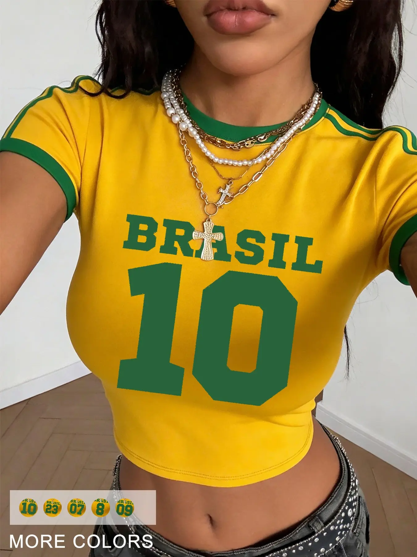 Women's Brazil No. 10 Short Top Vintage Football Jersey, Soccer Shirts, Short Sleeve Summer Streetwear & Concert, Slim-Fitting Preppy Style