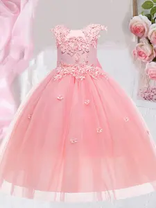 Girl's Solid Faux Pearls Decor Appliques Contrast Mesh Tulle Overlay Dress, Elegant Round Neck Sleeveless Zipper Back A Line Dress for Party Wedding Guest, Kids Clothes for All Seasons, Solid Color Dress