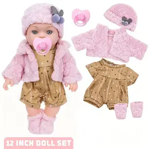 30cm 12inch Mini Full Body Soft Vinyl Reborn Baby Girl Doll with Pink Clothes Blue Eyes & Pacifier for Toddler Ages 3+ Perfect Gift for Kids