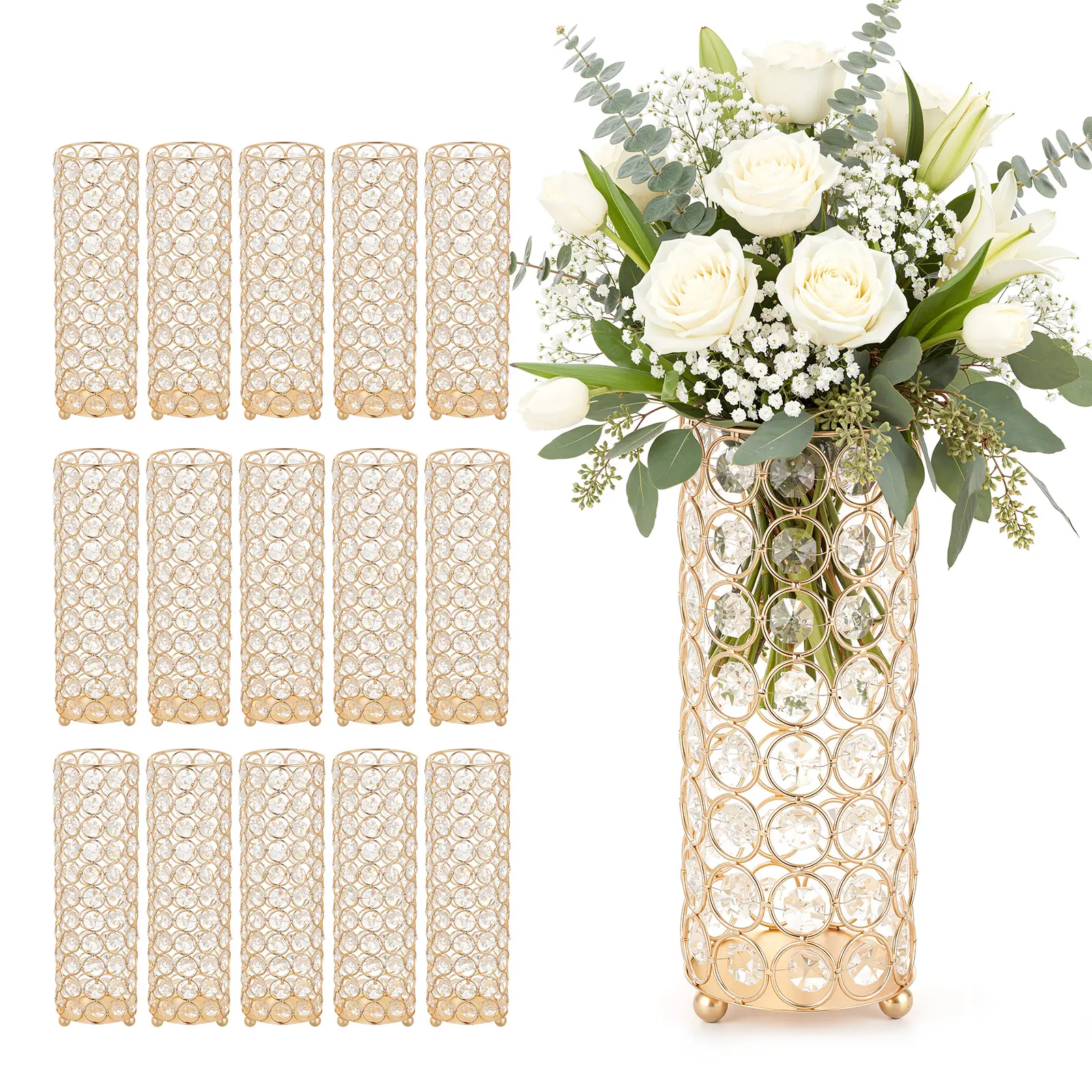 【SummerFinds】VEVOR 16-Piece Crystal Floral Vase Set, 10.24 in Tall Steel Flower Table Centerpieces, Easy-Install Cylinder Banquet Vases for Wedding Party Home Decor, Gold, Decorative Vases