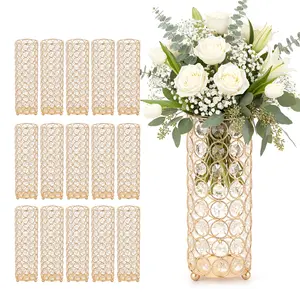 VEVOR 16 PCS Crystal Wedding Flower Vase, 10.24 in Tall Flower Table Centerpieces, Crystal Cylinder Banquet Vases Easy Installation, Versatile Arrangement Stand for Party Events Room Home Decor, Gold