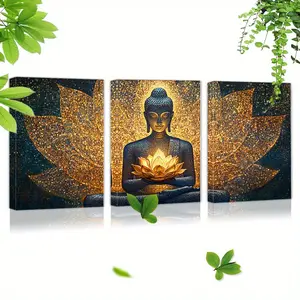 3-Piece Buddha Canvas Wall Art Set, Ready to Hang, Holy Buddha Seat Design, Cloth Material, Ideal for Bedroom, Living Room, and Office Decor