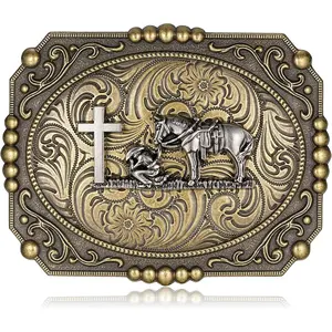 Longhorn Bull Western Cowboy Texas Rodeo Belt Buckle for Men, Cross Prayer Horseman Religious Belt Buckle