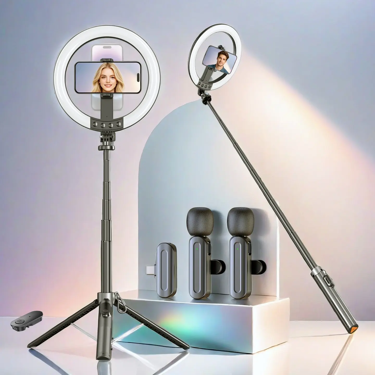 Multifunctional Vlog Shooting Kit, Rechargeable 10 Inch Portable Ring Light, 80 Inch Adjustable Extendable Selfie Stick Tripod, Dual Lavalier Microphone for Recording, Live Streaming Gear, Smartphone Vlogging Kit, Aluminium Alloy, Selfie Video Light