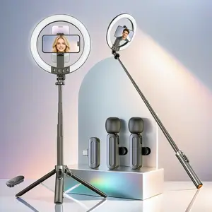 Multifunctional Vlog Shooting Kit, Rechargeable 10 Inch Ring Light, 80 Inch Adjustable Extendable Selfie Stick Tripod, Dual Lavalier Microphone for Recording, Live Streaming Gear, Aluminium Alloy