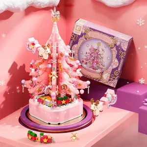 Christmas Tree Building Blocks with Music Box Base 675 PCS Pink Crystal Music Box LED Light Rotating Christmas Bricks Toy for Boys Girls Classic Holiday Decoration