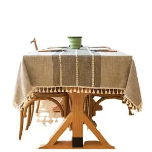 Nordic Waterproof Jacquard Weave Cotton-Linen Chemical Fiber Blend Tablecloth - Embroidered Tassel Lace, Geometric Print, Multi-Size Options, Playful Accents for Dining, Coffee Tables