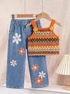 2pcs/Set Young Girls Orange Wavy Knit Camisole Top With 3D Floral Decor + Light Blue Denim Print Wide Leg Pants, Vintage Countryside Style, Cute Outfit For Daily Wear, Summer Little Girls Sets 2pcs Set Toddler Girls Cute Vintage Style Denim Two Piece Set