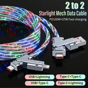Four-In-One 100w Multi-Color LED Charging Cable, Super Fast Charging & Data Transfer, Fast Charge PD, USB-A/Type-C/lightning, Three-Way Mutual Charging, Car Ambient Light