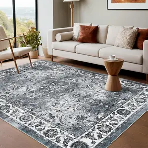 black8ft*10ft-Large Machine Washable Velvet Area Rug - Non-Slip, Foldable, Soft Low Pile Vintage Carpet For High Traffic Living Rooms & Bedrooms