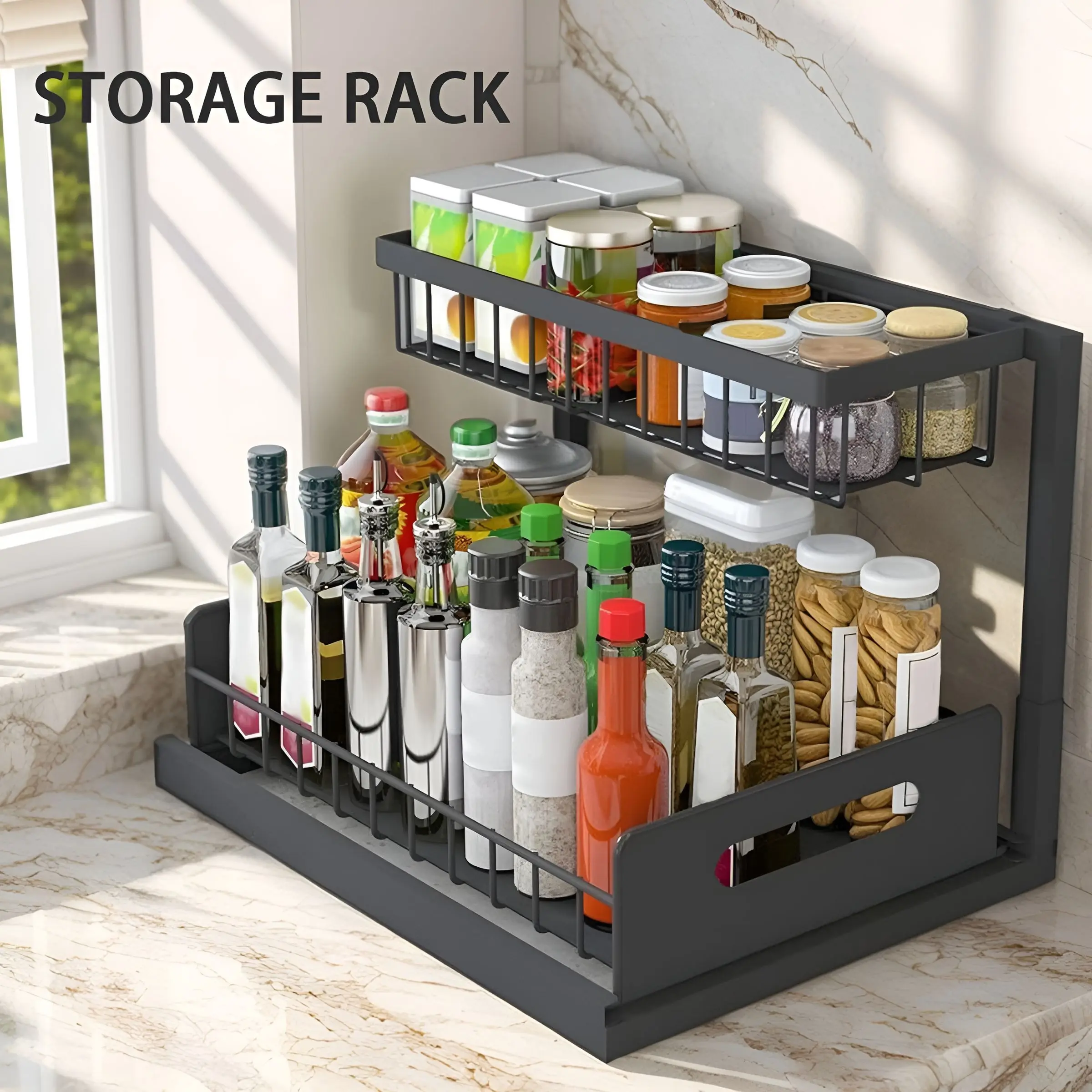 2-Tier Pull-Out Under Sink Organizer - Metal Sliding Drawer Shelf, Bathroom Organizing Accessories for Home & Storage Organization Needs, Kitchen Pantry Cabinet Organizer Storage