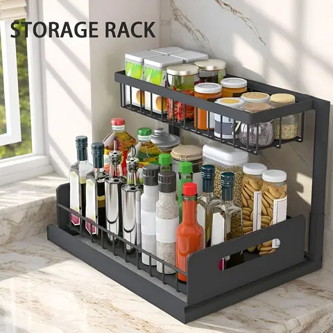 2-Layer Metal Frame Pull-Out Under Sink Organizer with Sliding Drawer Shelves - Kitchen Cabinet Storage Solution for Bathroom Organizing Accessories