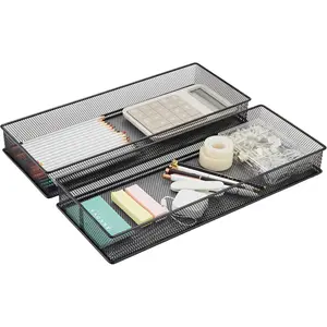 Mesh Stackable Drawer Cabinet and Shelf Organizer Bins Storage Basket School Office Supply Holder Tray Set of 2 Black 6x15x2 Inch