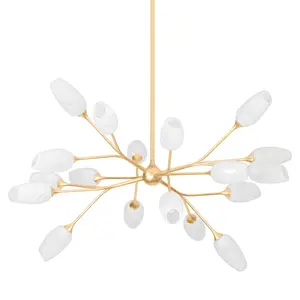 Large Aldean Chandelier - Vintage Gold Leaf Frame with Handcrafted Cloud Glass Shades , Unique Design