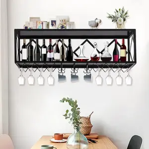 Bar Unit Floating Shelves Wall-Mounted Wine Racks Inverted Wine Glass Rack Multifunctional Iron Bottle Holder Simple Hanging Goblet Rack with Partitions Utensils Decor