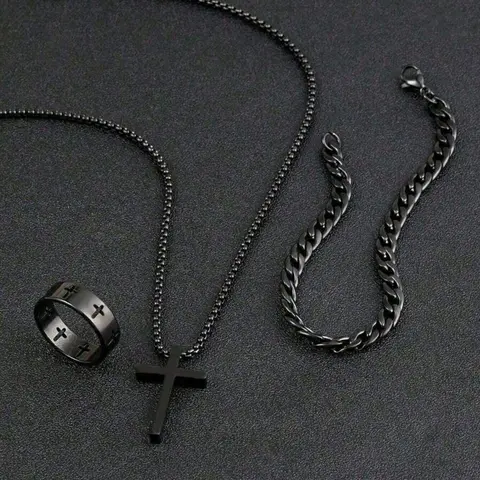 Teen Fashion Versatile Stainless Steel Jewelry Complete Set, Cross Necklace, Bracelet & Ring, Ideal Gift Choice, Durable Design, Versatile Wear, Jewelry Sets