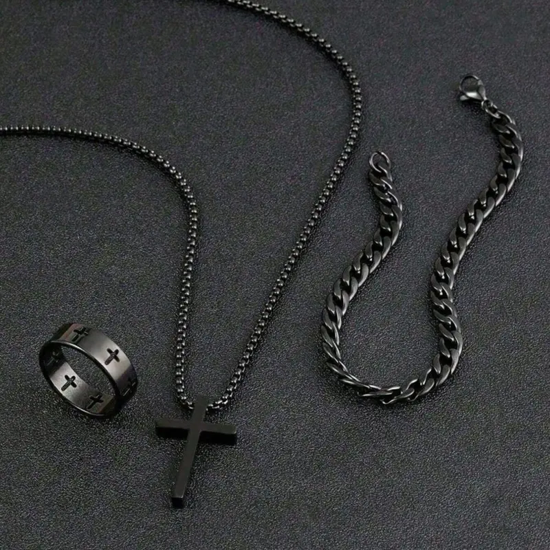 Teen Fashion Versatile Stainless Steel Jewelry Complete Set, Cross Necklace, Bracelet & Ring, Ideal Gift Choice, Durable Design, Versatile Wear, Jewelry Sets