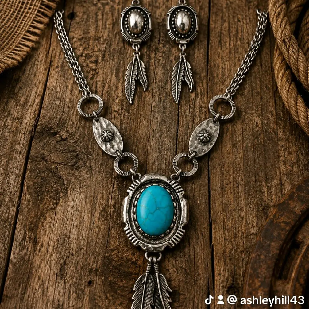 Native Navajo Feather Squash Blossom Turquoise Jewelry Set - Elegant, Matching Casual Necklaces for Women, Female Fashion Costume Accessory