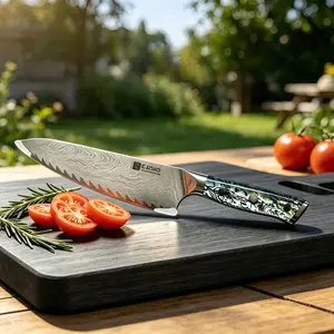 CJZUO Damascus Steel Chef Knife, Multi-Use Kitchen & Outdoor Cooking Knife for Meal Prep, Camping & Tailgates