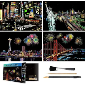Rainbow Scratch Art Painting Paper (A4) for Kids & Adults DIY Night View Scratchboard Set 4 Sheets Scratch Cards Drawing Pen Clean Brush (U.S.A)