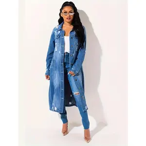 Denim Trench Coat Women Spring And Autumn New Europe And The United States Fashion Hot Selling Retro Medium Long Coat Tops