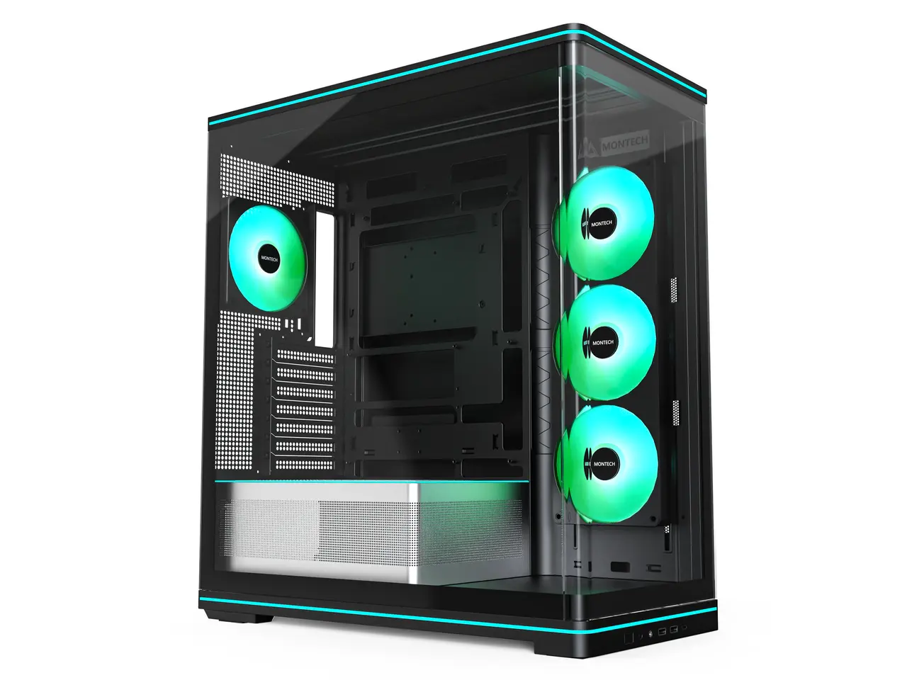 MONTECH TG3 Curved ATX PC Case with 15° Curved Glass & 4 ARGB Fans, Black. Show hardware up front, back-connect ready, 430mm graphics clearance, 180mm cooler, 360mm top radiator, Type-C
