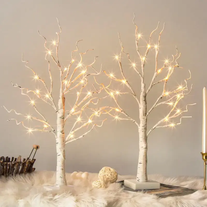 2Pcs LED Lighted Artificial Birch Tree, Battery Operated Pre-assembled Light Up Tree Branches, Desktop Centerpieces Decor for Wedding, Birthday Party, Valentine’s Day, Living Room, Garden & Office Desktop