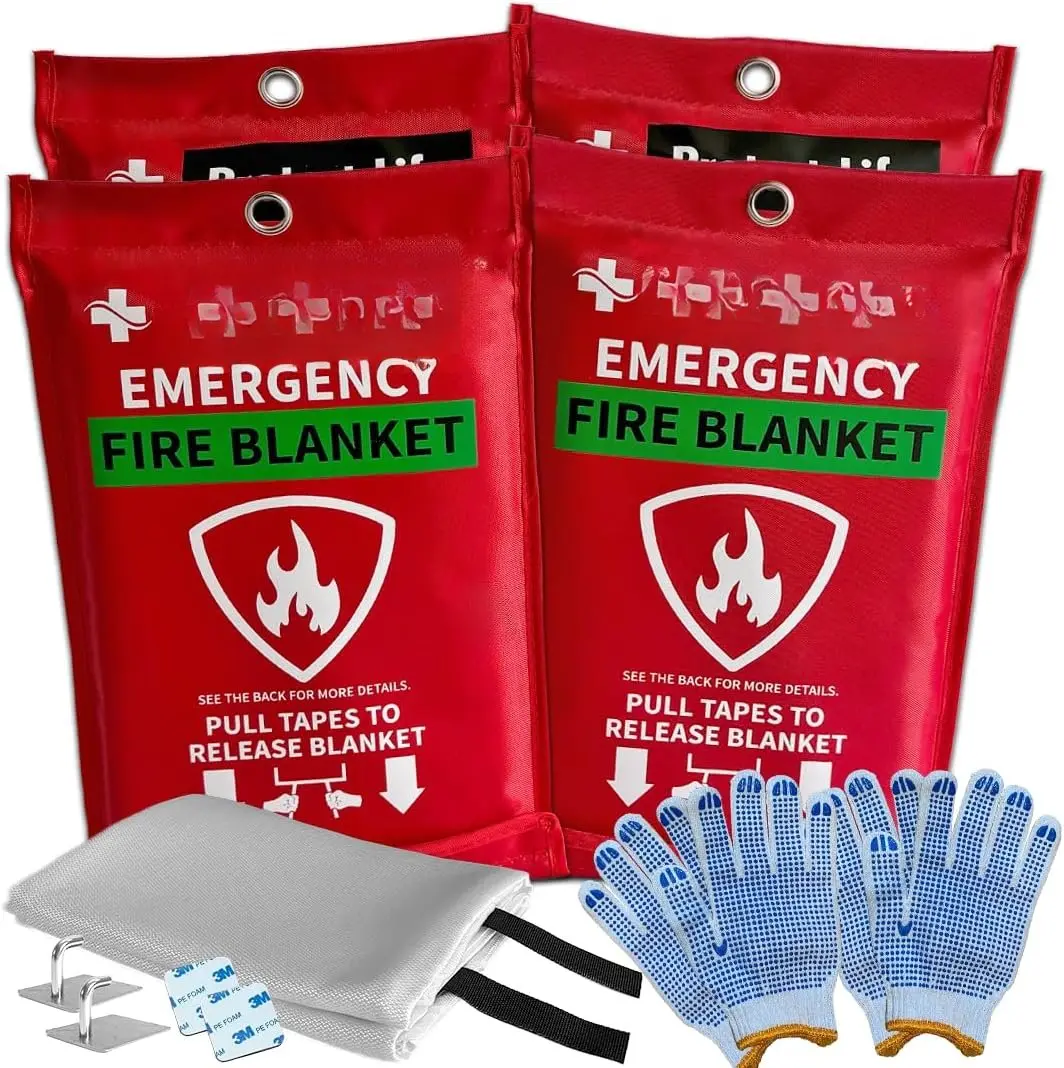Fire Blanket for Home & Kitchen, 40" x 40" Fiberglass Flame Retardant Fabric for Cooking & Clothing Mishaps, Fire Blankets  for Home Safety, Camping & More (4 Pack)