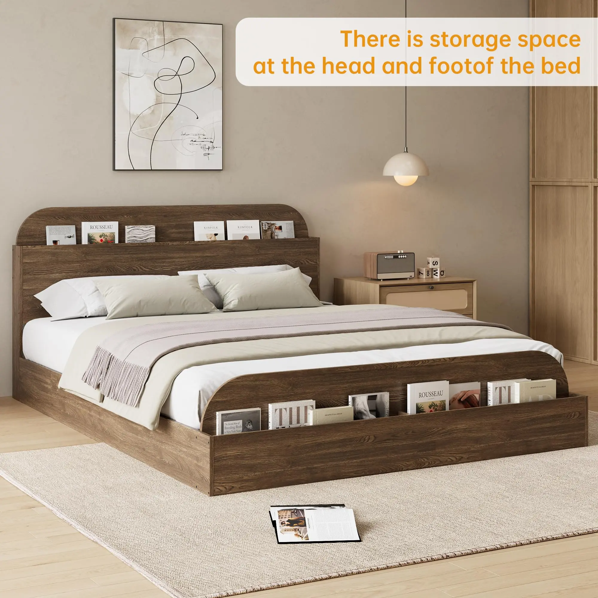 Garvee Queen and Twin Size Wooden Bed Frame with Storage Headboard and Footboard – Sturdy Platform, Wooden Slats, No Box Spring Needed, Easy Assembly, Bedroom Furniture
