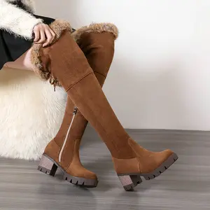 Women's Winter Rabbit Faux Fur Over-the-Knee Snow Boots Thick Heel Platform 4-5cm High Heel Back Lace-Up Round Toe Faux Fur Collar Warm Boots for Ice & Snow Brown Parchment Zipper Closure Dress Boots Classic