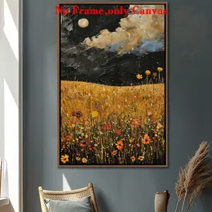 1 PC, wall art, vintage poster, wildflower field framed wall decor, abstract night sky and moon decor, vintage floral oil painting, country farmhouse living room oil painting print, bedroom decor, living room decor, unframed