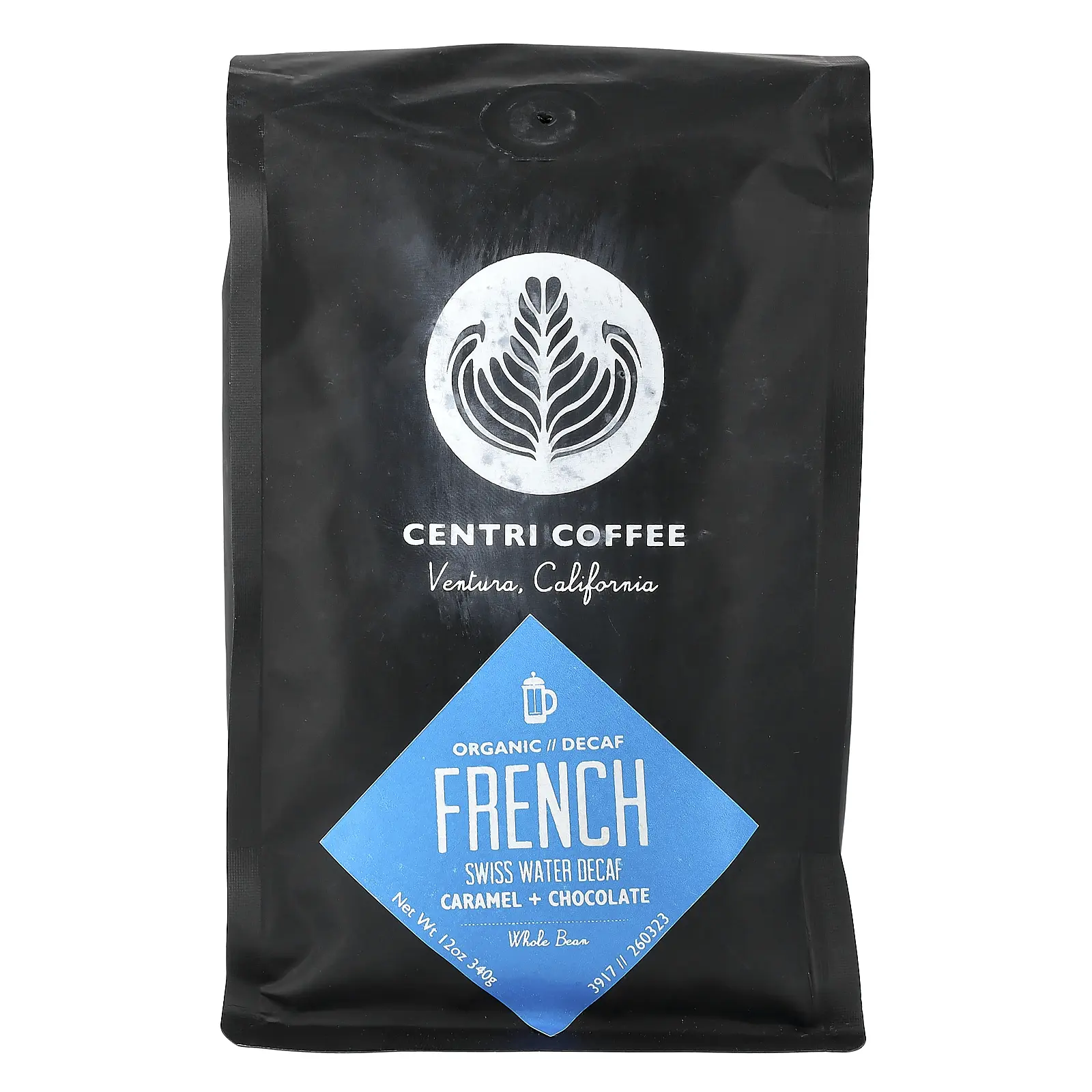 Centri Coffee Organic French, Whole Bean, Decaf, Caramel + Chocolate, 12 oz (340 g)
