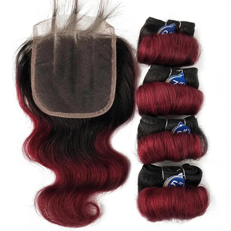 Burgundy Body Wave Bundles With Closure Short Human Hair Bundles 4 Bundles With Closure 100% Human Hair Extensions