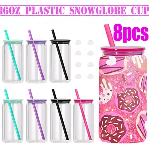 8 PACK 16 oz Plastic Snow Globe Cups Pre-Drilled with Hole Stopper, Double Wall Acrylic Snowglobe Tumbler with Lid and Straw for Snow Globe Glitter DIY Gift, Individual Packaging Drinkware Bottles Water Bottles snow glitter diy