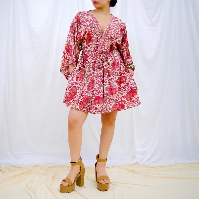 Handmade Silk Short Bohemian Kimono for Women, Upcycled Fashion Beach Cover Up Cardigan Robe - Clothing, Outerwear