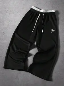 Men's Trendy Casual Pants, Loose-Fitting Embroidered Long Pants, Elastic Waist, Spring & Fall Fashion, Streetwear Style