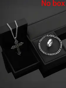 Punk Style Cross Pendant Necklace & Ring & Bracelet, Stainless Steel Jewelry Set, Fashion Accessories for Men & Women, Matching Set