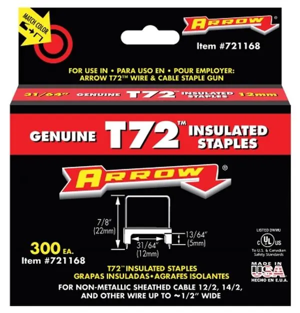 212 MAIN T72 Series Genuine Insulated Wire Staples, 0.48in, UL Certified, Carded Packaging, Non-Metallic Sheathed Cable Stapling Accessory for Household Appliances, Model 721168