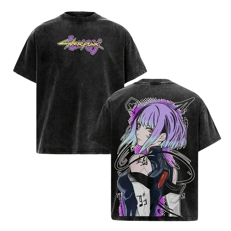 Men's Fitted Round Neck Short-Sleeve Cyberpunk Edgerunners Lucy Graphic T-Shirt - Menswear Sports Clothes, Distressed Casual Festive Neon City Anime Game Streetwear Merch