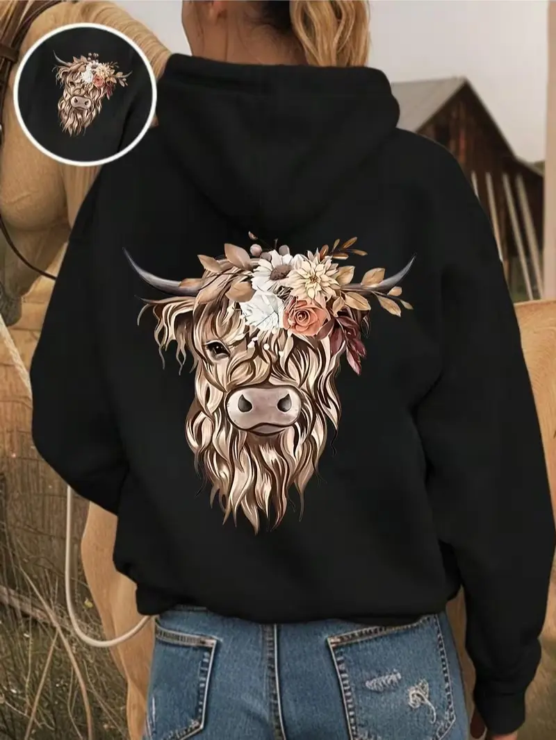 Floral Highland Cow Chest & Back Print Fleece Pullover Hoodie, Western Country Farm Life Long Sleeve Sweatshirt For All Seasons