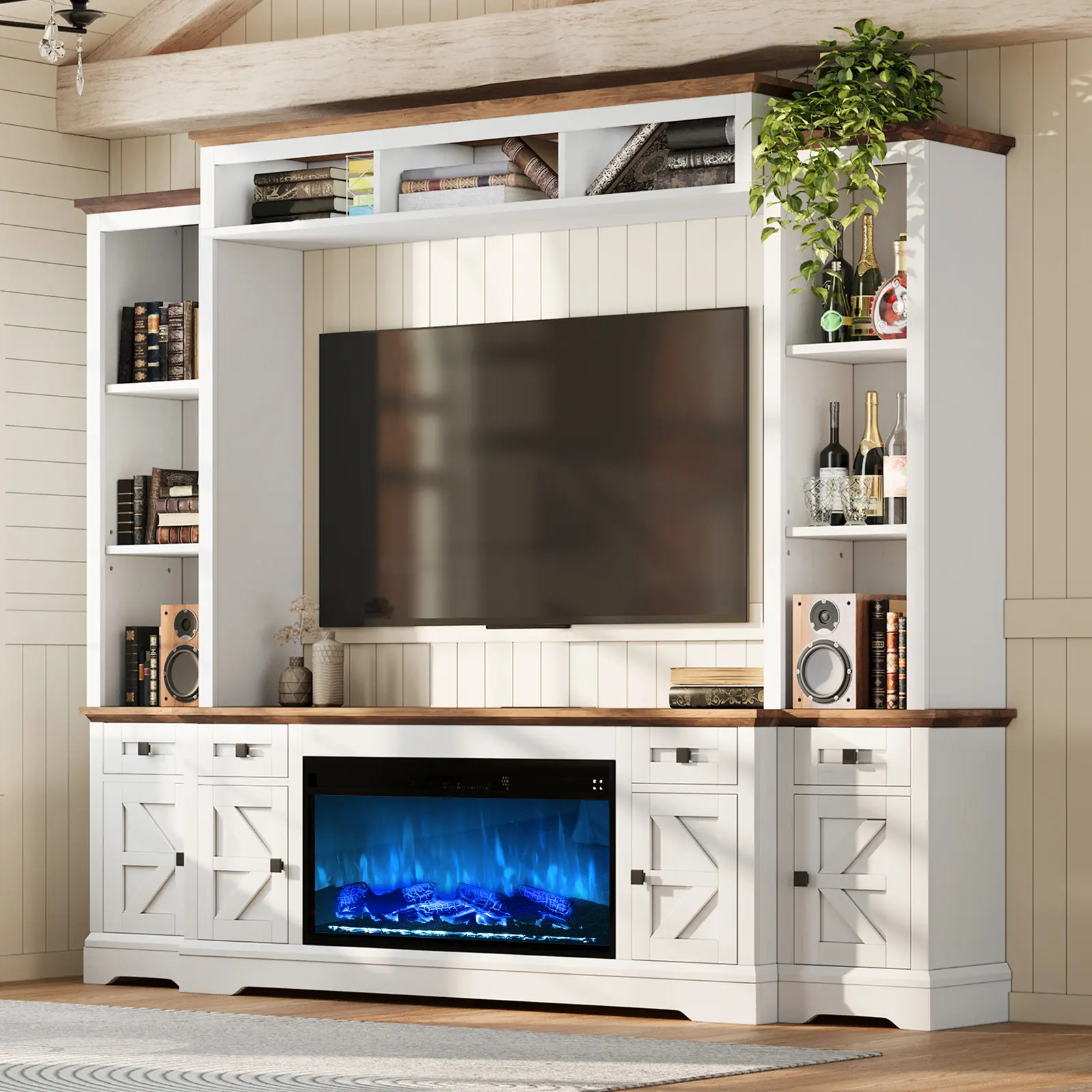 Amerlife 98in Farmhouse TV Stand - 36in Fireplace Wall Unit with Bookshelves, Wine Cabinet, Power Outlets, Drawers, Large Entertainment Media Console for 78in TVs, Living Room Furniture, Living Room Decor, Rustic Tv Stands & Bedside Tables, 1 Type-C Port