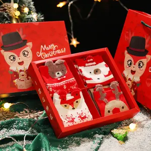 4 pairs of Christmas socks casual versatile gift box cartoon cute series festive red women autumn and winter mid tube big red uniform size
