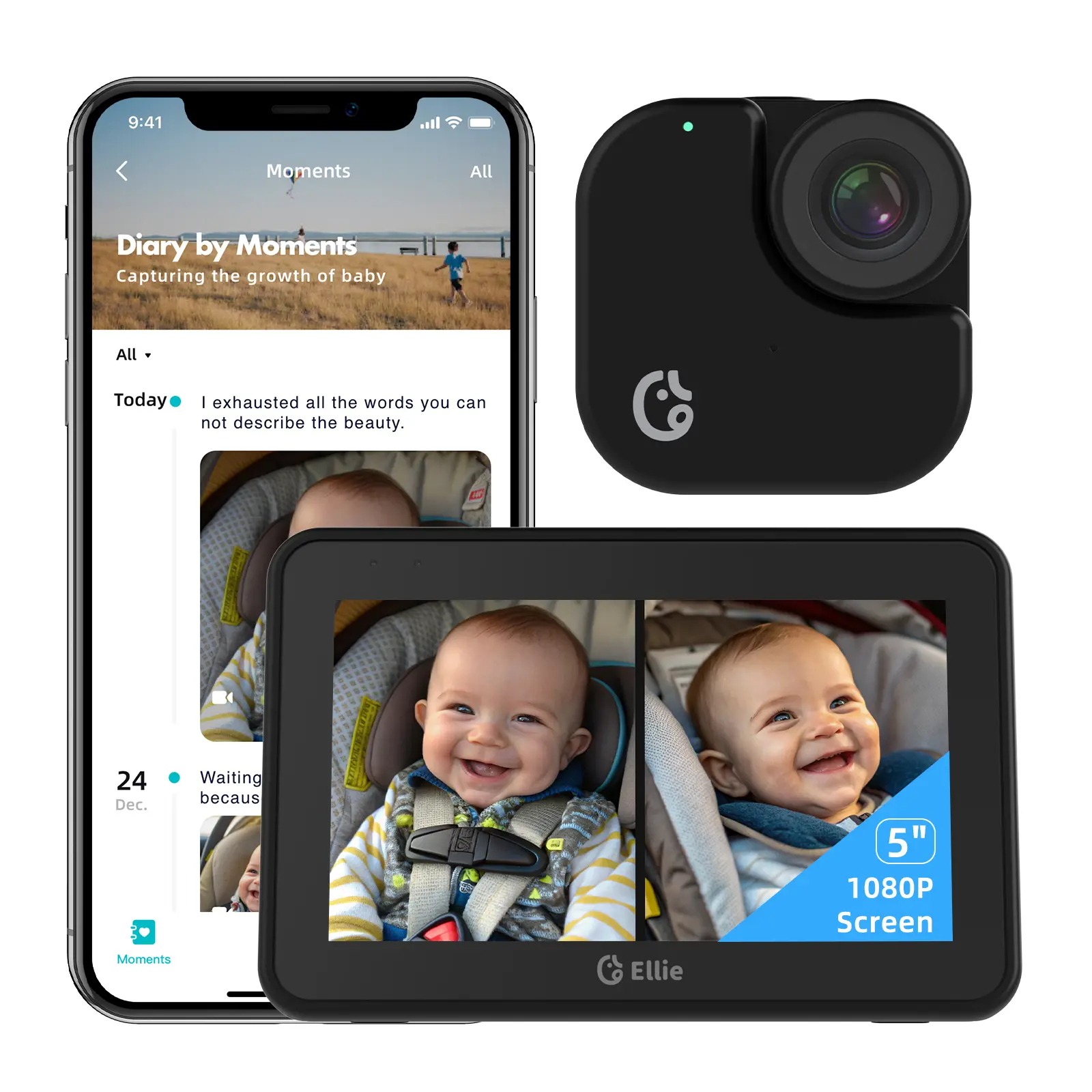 Ellie Baby Car Monitor - AI Face Tracking & 2K HD for Twins Safety | Dual View