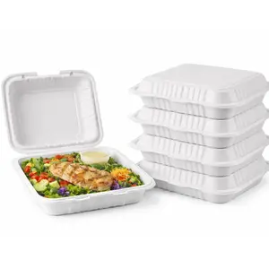 9inch x 9inch One Time Use Plastic White Food Prep Clamshell Box, Nut Container, Bento Box, Fast Food Take Out Box, BBQ Box, Portable, Stackable, Extra Thick, Microwavable, Freezer Safe, Disposable, Dish Washer Safe.