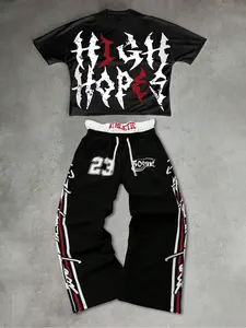 Men's Street Graphic Print Striped Pants Set, Short Sleeve Fitted Tee & Long Pants, Spring & Fall Fashion, Trendy Wear