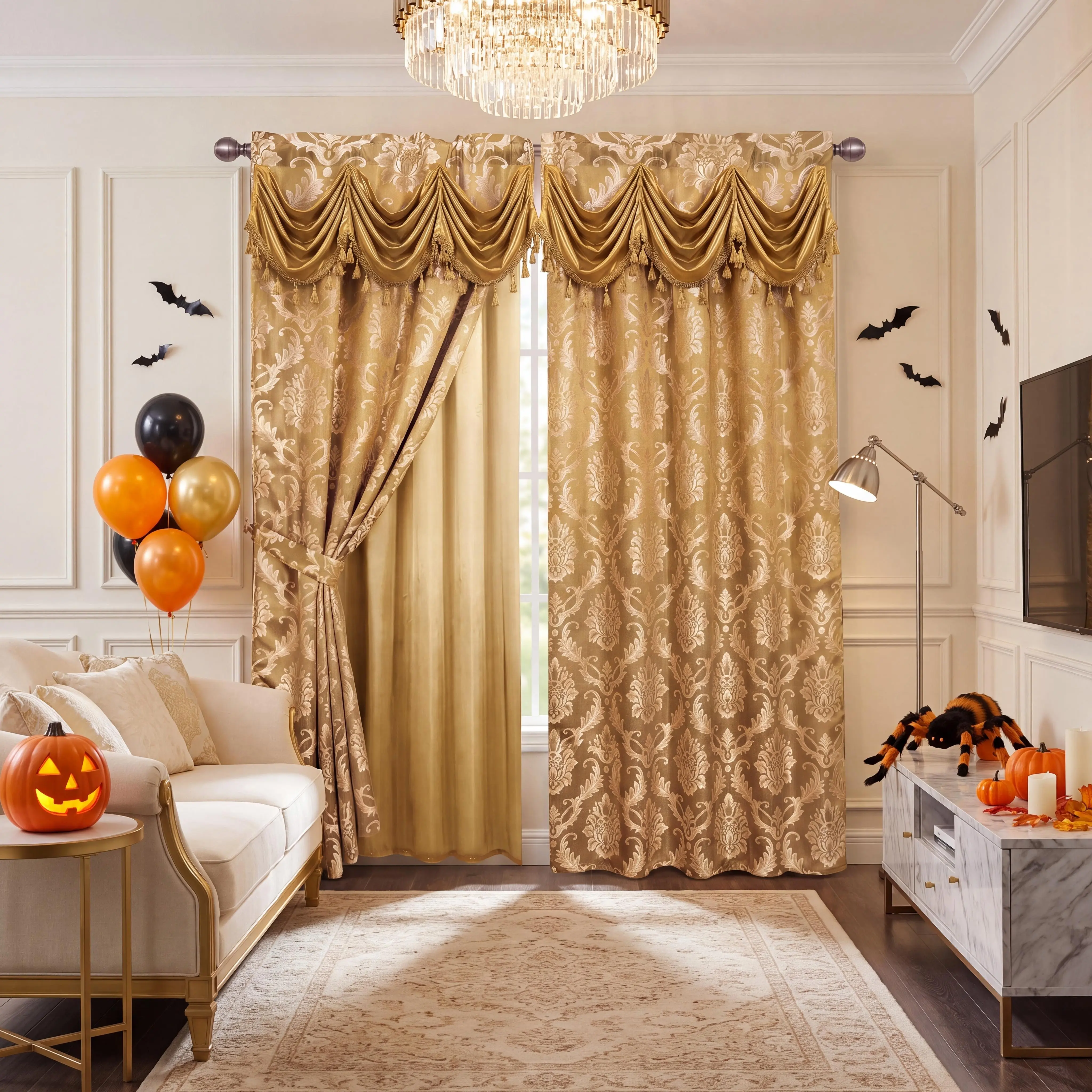 Floravyn 2-Panel Set 52"x84" Damask Jacquard Blackout Curtains with Attached Waterfall Swag Valance & Fringe Trim, Satin Liner Rod Pocket Drapes, Anti Shrink Privacy for Formal Living Room, JV1, Halloween Holiday Home Deals