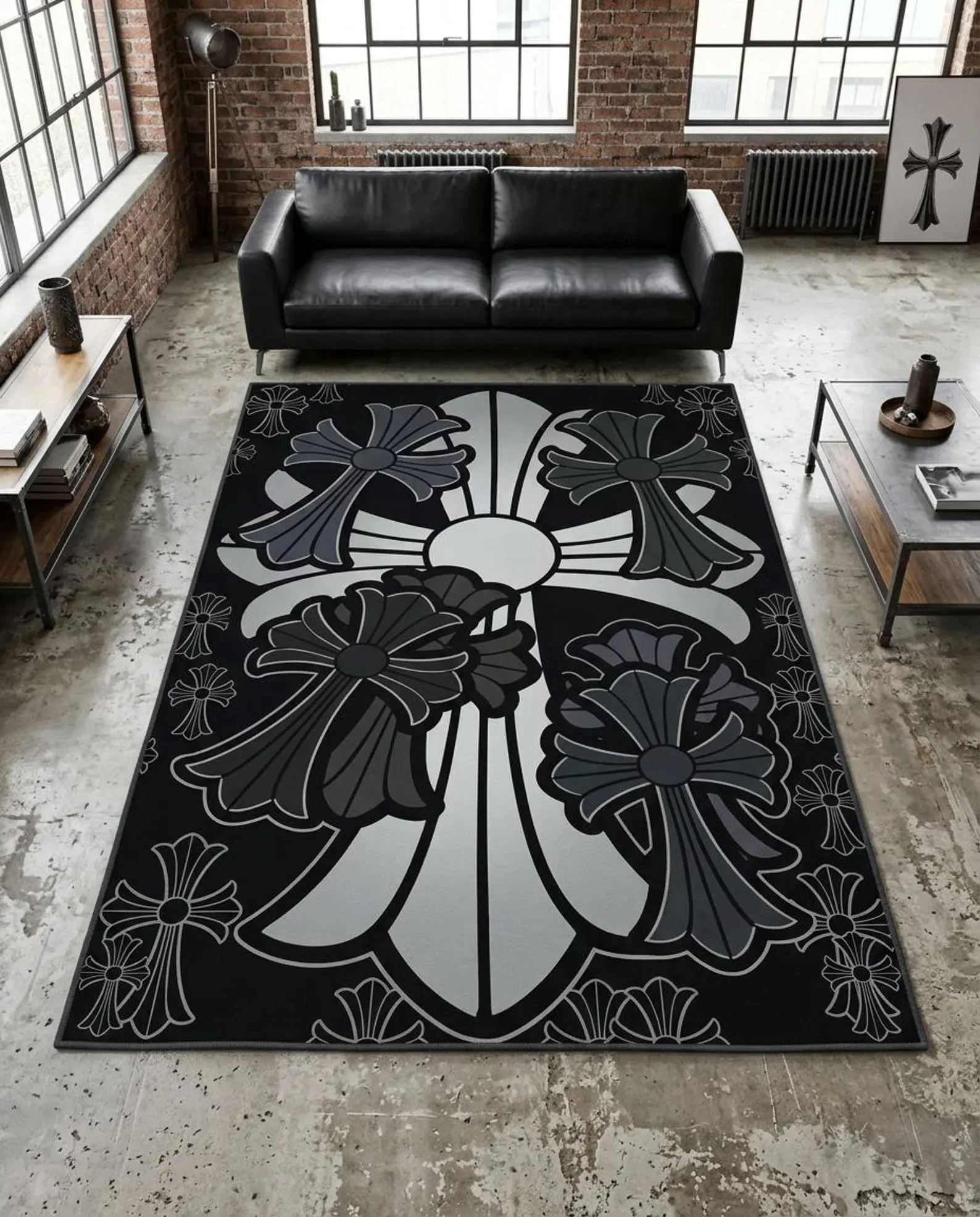 Stylized Gothic Crosses Area DOORMAT, Hypebeast Streetwear Decor, Black Charcoal Silver Palette