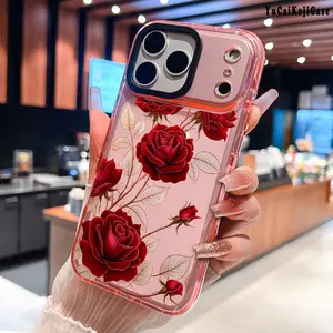 Blooming Red Roses Pattern TPU Phone Case for iPhone 17 16 Plus 15 Pro Max 14 Plus 13 12 11 Air Non-Yellowing Shockproof  Protection Soft Silicone Transparent Cover Cellphone Protective Smartphone Casing