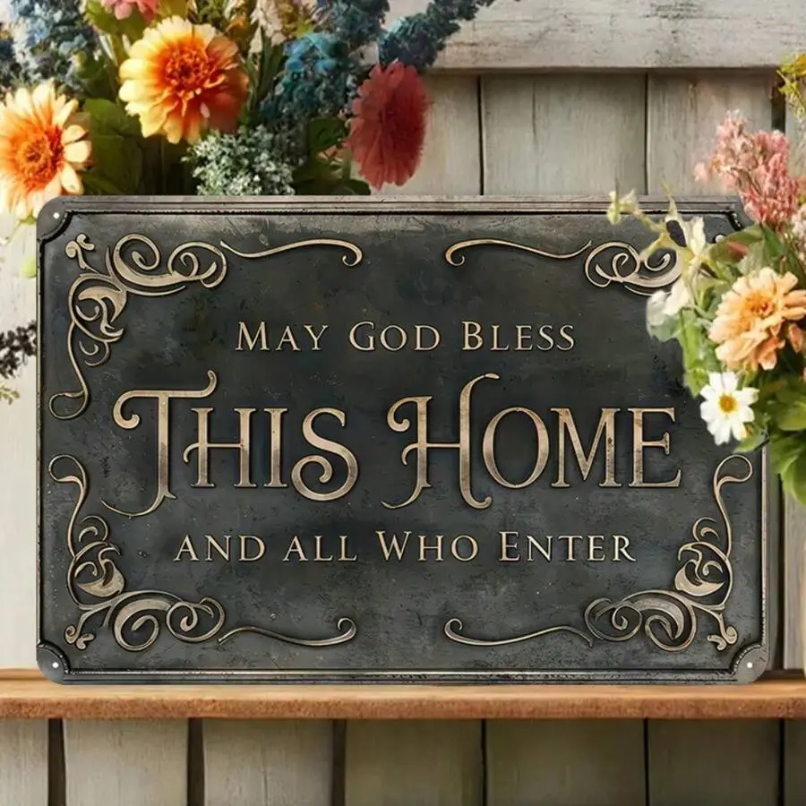 1PC Aged Speciality Rectangular Iron Plaque & Sign - "May God Bless This Home" Sturdy Decorative Religious Hanging, 8x12in/20x30cm Christmas Home Decor for Living Room, Aged Speciality Plaques & Signs
